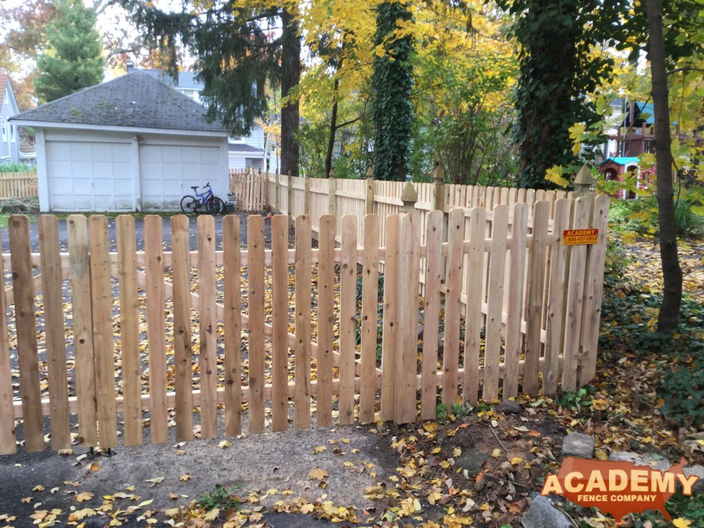 backyard Perimeter Cedar Spaced Picket Wood Fence Installation Academy Fence Company Residential Maplewood New Jersey