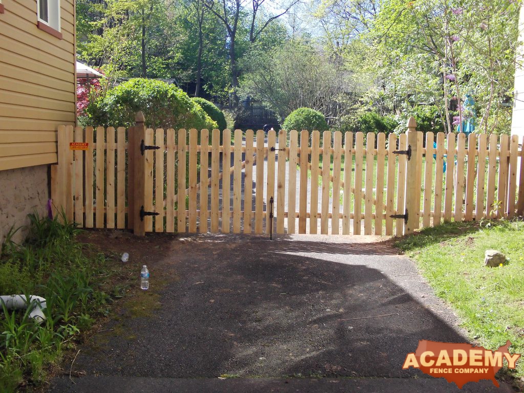 drive way gate, wood picket gate, double gate,wood gate, gate post with French Gothic Post & 1" spaced cedar pickets installed by Academy Fence Company in Montclair, NJ - Essex County