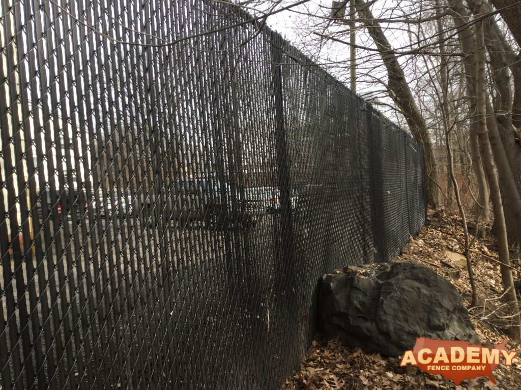 8ft High Commercial Chain Link with Privacy Slats installed by Academy Fence Company in Verona, NJ. Essex County