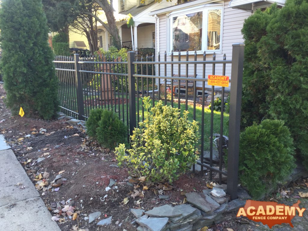 Scalloped Convex Bronze Aluminum Picket Fence Residential Installation Academy Fence Company Belleville New Jersey