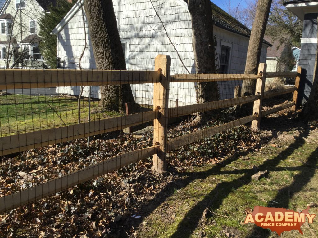 Post and rail with welded wire mesh attached, installed by Academy Fence Company in Bloomfield, NJ, Essex County.