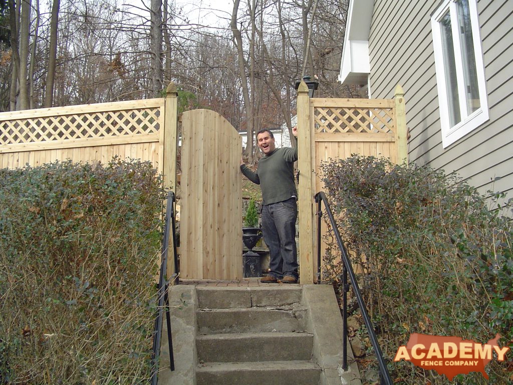 This 72" high cedar lattice-top fence was installed by Academy Fence Company in Morris Township, NJ. It is a perimeter solid wood fence which encloses the customer's property and provides privacy and beauty. We install this type of fence material routinely through out Morris County.