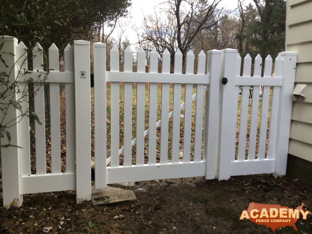 White PVC Vinyl Picket Fence and Gate Installation Academy Fence Company Residential Mendham Morris County New Jersey