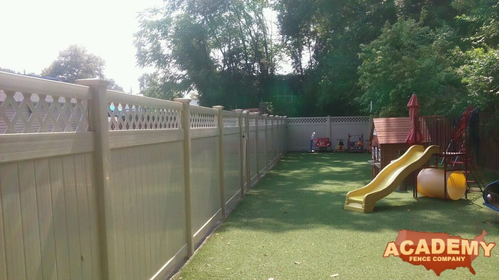 Playground Fence residential tan Vinyl PVC Academy Fence Company Installation Plainfield Union County New Jersey