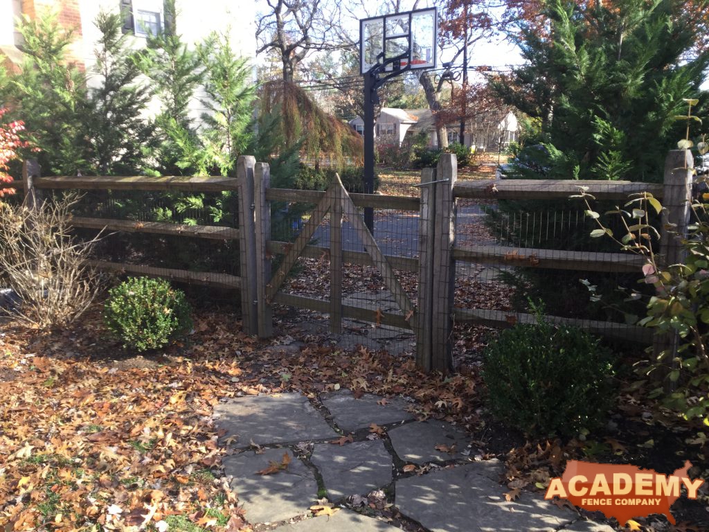 weathered 3 rail Post and Rail Fence Installation with Walk gate Welded Wire Vinyl Coated Residential Installation Academy Fence Company New Jersey Chatham Township New Jersey