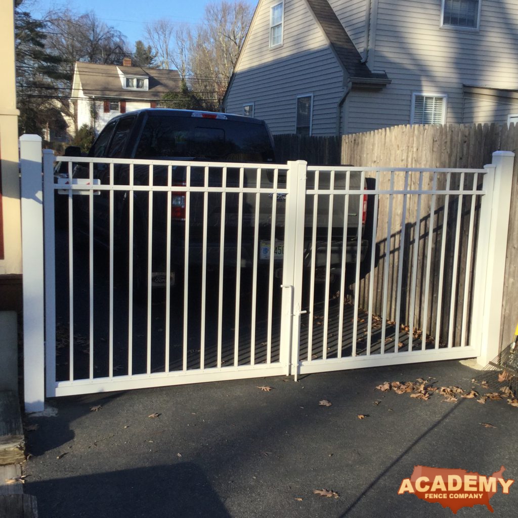 White Aluminum Driveway Gate Residential Installation Academy Fence Company Morris Plains NJ